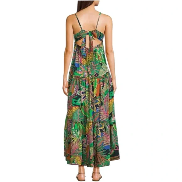 GB Leaf Print V-Neck Tie-Back Tiered Maxi Dress size Juniors Medium NWT Tropical - Picture 2 of 13